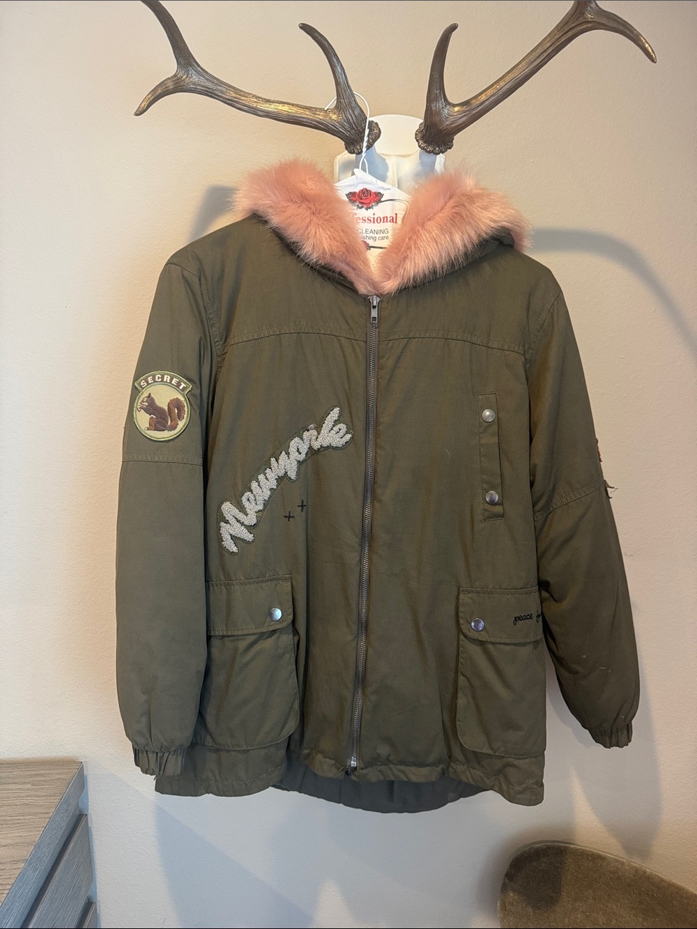 Olive Green Parka Jacket with Pink Faux Fur Trim